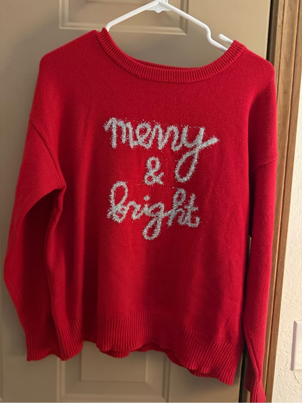 Women’s Red Crewneck Sweater with 'Merry & Bright' Text